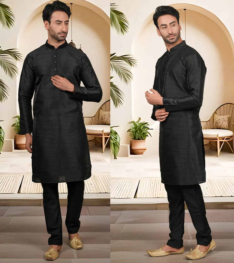 Black Traditional Wear Readymade Only Men's Kurta Payjama With Foil Print Work